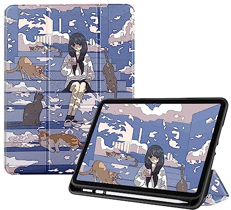 Hülle Für Ipad 6. Generation 2018/Ipad 5. Generation 2017 Hülle - Smart Slim Trifold Stand Case Cover Für Ipad 9.7 Zoll (2018/2017) Mit Stifthalter Auto Sleep/Wake(Süßes Katzen-Anime-Mädchen)
