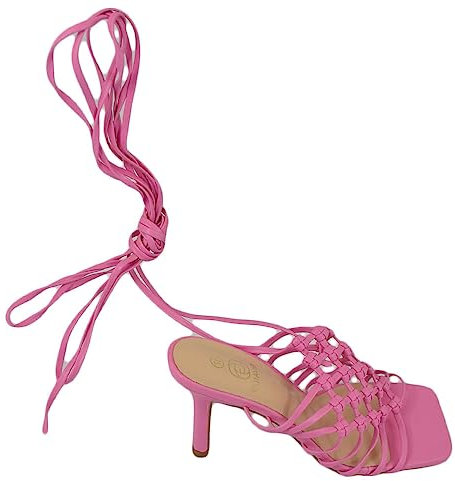 Sandali Donna Tacco Alto a Spillo Comodo Fucsia Fantasia Uncinetto alla Schiava con Lacci Punta Quadrata Moda Eventi (38 EU)