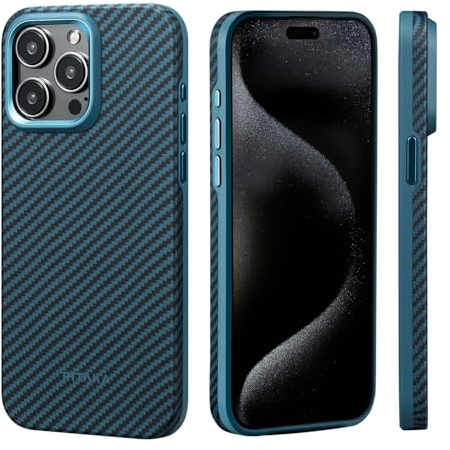 pitaka Hülle für iPhone 15 Pro Max Magnetische Schutzhülle mit Vollem Schutz Kompatibel mit Magsafe Dünne Hülle Kratzfest und Stoßfest aus 1500D Aramidfaser/TPU [MagEZ Case Pro 4] Schwarz/Blau