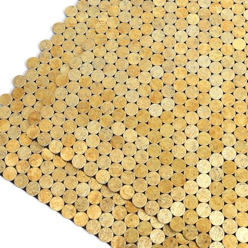 M MOFIT Small Penny Round Tiles Stickers Metal Self Adhesive Mosaic Wall, Stick-on Kitchen Splashback Bathroom Backsplash(10sheets,Gold)