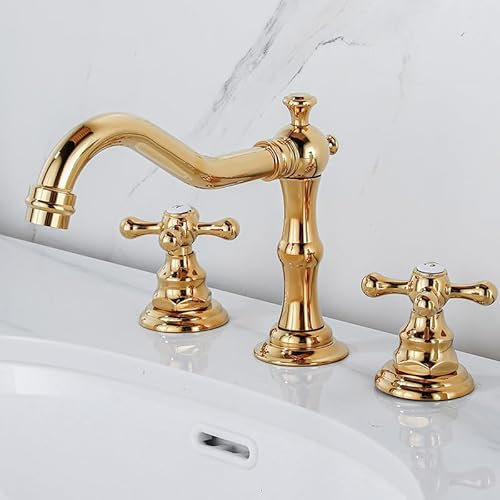 ZYCDP Rubinetto Lavabo 3 Fori Doppia Manopola a Croce per Bagno con Due Maniglie, Tre Fori Miscelatore Ottone, Oro