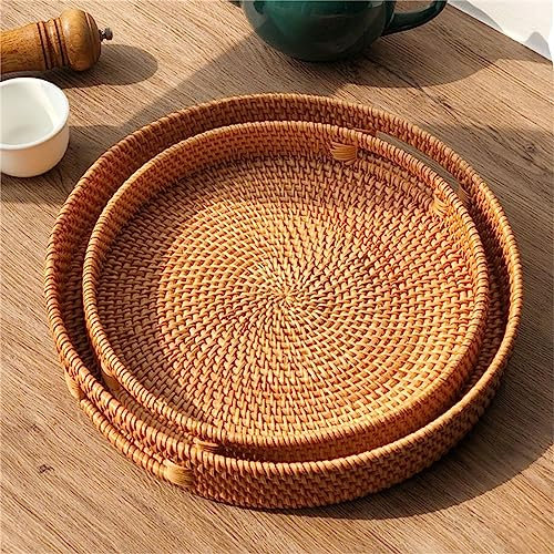 JITASHWA Set of 2 Round Rattan Serving Tray, Hand Woven Wicker Tray, Decorative Table Tray, Rattan Serving Basket for Snacks, Fruit, Drinks, Desktop Organiser Tray for Restaurant Home Use