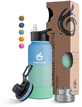 hydro2go Edelstahl Trinkflasche 950 ml, BPA-frei, Isolierflasche für Kinder, Schule, Sport & Outdoor, 12 h heiß/24 h kalt, 3 Verschlüsse, Lagoon