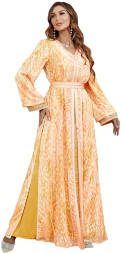 Dubai Abaya Muslimische Kleidung V-Ausschnitt Spitze Lange Ärmel Kleid Frauen Abaya Muslimisches Kleid, gelb, L
