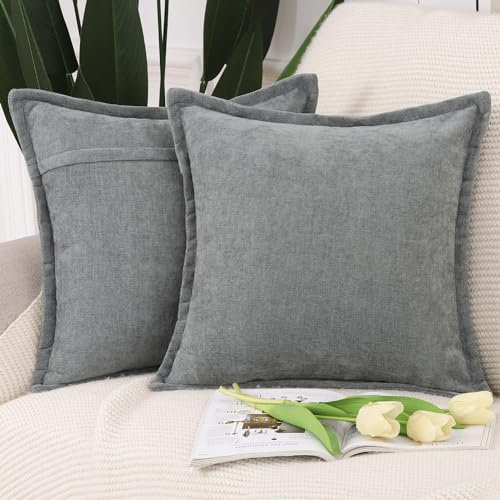 Madizz 2er Set Fransen Chenille Schlicht Zierkissenbezüge Modern Kissenbezug Kissenhülle Sofakissen Lendenkissen für Sofa Schlafzimmer Dunkelgrau 50x50 cm