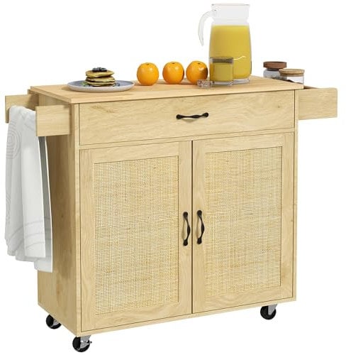 HOMCOM Carrello da Cucina con Piano Pieghevole, Isola da Cucina Stile Boho con Cassetto, Armadietto e Portaspezie in Legno e Rattan