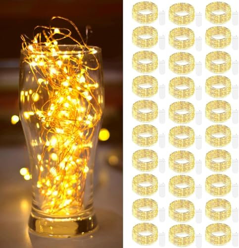 btfarm 30 Pack Fairy Lights Battery Operated, 2M/7FT 20LED Small String Lights Waterproof Mini Silver Wire Lights Indoor Outdoor for Jars Bedroom Christmas Wedding Party Bottle, Warm White