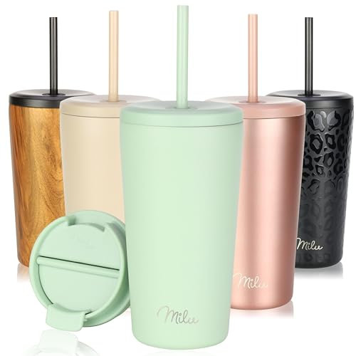 Milu Thermo Mug 500ml - 100% Leak-Proof - Stainless Steel Coffee Mug to go Insulated with Straw Keeps hot for 10h / Cold for 20h, BPA-Free (Lily Green, 500ml)