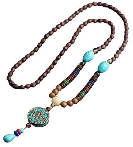 TourKing Vintage Wooden Bead Necklace with Six Character Mantra Pendant Handmade Nepalese Jewelry,Bohemian Style Prayer Necklace