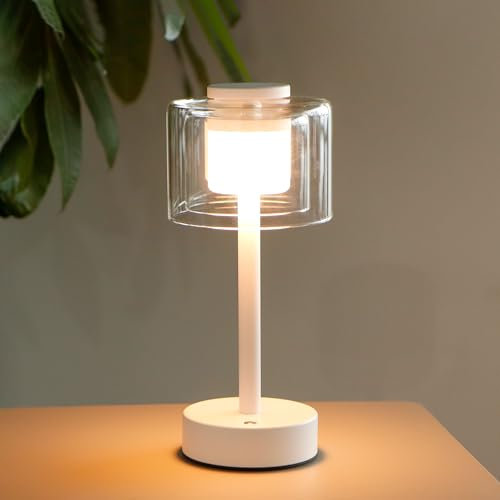 JHY DESIGN Industrial Touch Control Tischlampe 27cm hoch 3-Wege dimmbare Nachttischlampe wiederaufladbare mit Glasschirm für Schlafzimmer Wohnzimmer Patio drinnen draußen