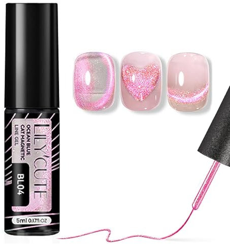 Pink Gel Liner Nail Polish - Magnetic Cat Eye Gel Nail Polish - Glitter French Manicure Gel Polish Nail Art - Gel Nail Varnish Pen Built-In Brush - Soak off UV for DIY Nail Paint