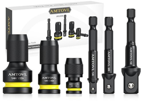 AMTOVL Impact to 1/4 Hex Converter - 1/2 3/8 1/4-INCH Drive Female to 1/4-Inch Hex Adapter with 3PCS Socket Adapter Set for Ratchet Wrench Drivers, Impact Bit Holders, Quick-Change Chuck (Black)