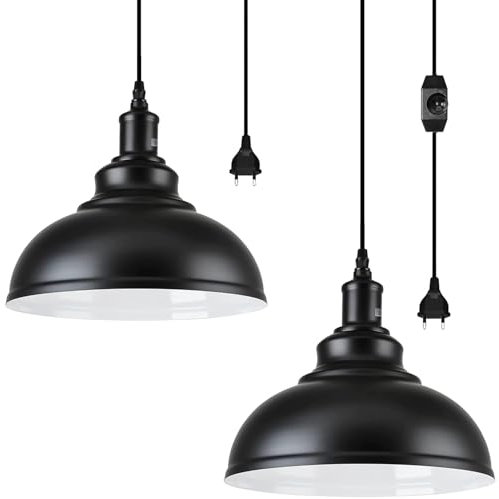 Outdoor Hängelampe mit Stecker, Vintage Pendelleuchte Dimmbar Schwarz Metall Hängeleuchte E27 Lampefassung mit 4.5m Kabel und Dimmer Schalter für Außen & Innen, Garten, Balkon, Terrasse, 2 Stück