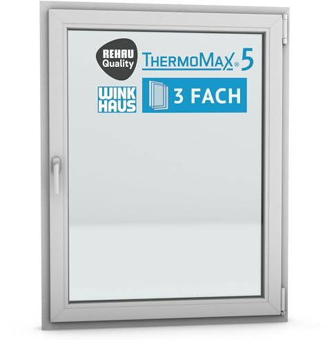 ThermoMax 5 Classic Kunststoff-Fenster, Uw-Wert 1,2, BxH: 105x135cm / 1050x1350mm, DIN rechts (Griff links), mit 3-fach Wärme-Isolier-Verglasung, Winkhaus Sicherheitssystem & Rehau Profil