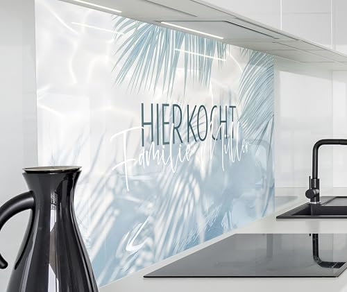 timalo Herd Spritzschutz Wand Spüle, Küche Küchenrückwand Glasoptik | Acryl Glas 2mm | Glasrückwand Acrylglas - personalisiert mit Namen - Rückwandschutz Platte | 100x50cm Meer, Strand, Palmen