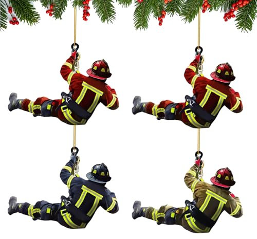 4 Stück Weihnachtsbaum Feuerwehrmann Acryl Ornamente, Weihnachtsschmuck, Deko Anhänger, Feuerwehr Christbaumschmuck für Wandfenster, Baum
