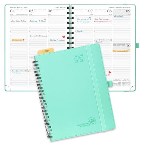 POPRUN Kalender 2025 2026 Wochenplaner (Aug.2025-Dez.2026) Ringbuch mit Softcover, ca. A5 (22 x 16,5 cm), 17-Monate-Terminplaner 1 Woche 2 Seite mit Zertifiziertem Papier - Mintgrün