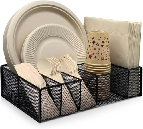 Organizador de platos de papel para encimera, cubiertos de metal con 6 compartimentos para platos, tazas, servilletas, platos de papel y soporte para utensilios para fiestas, camping, color negro