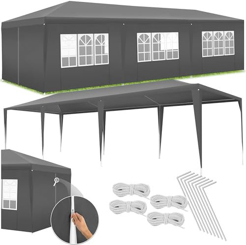 tectake® Carpa Desmontable, Cenador Jardín, Estructura Acero, Lona Impermeable, Incluye Piquetas y Cuerdas, Pérgola Exterior, Carpa Playa, Toldo Camping, Pergolas de Jardin - 9x3 m Gris
