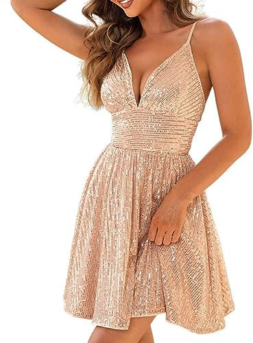 Duohropke Glitzerndes Spaghettiträgerkleid Damen Sexy Glitzer Spitze Rücken Party Club Kleid V-Ausschnitt Mode Festliches Kleider Party Club Kleid