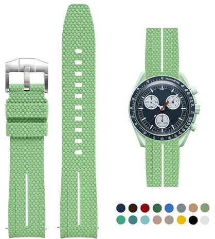 OLLREAR Silikon-Uhrenarmbänder 20mm für Omega x Swatch MoonSwatch/Rolex Watch, Schnellverschluss, Omega Swatch Armband mit Silber Schnalle für Herren Damen, Hellgrün&Weiß