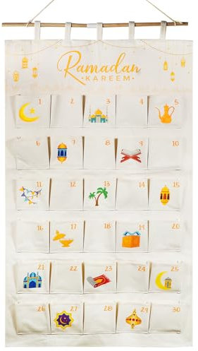 BOFUNX Ramadan Kalender zum Befüllen 2025 Ramadan Adventskalender als Wandkalender aus Stoff mit 30 Stoffbeutel Eid Mubarak Ramadan Deko 100x60 cm