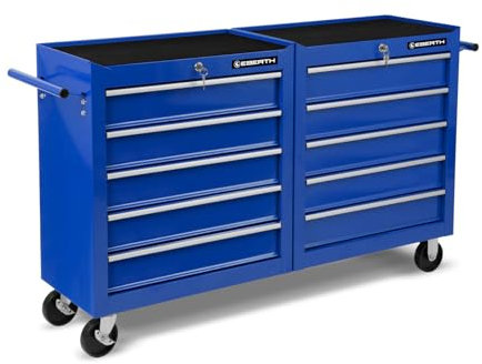 EBERTH Werkstattwagen Werkzeugwagen Leer, 10 Schubladen, aus Metall mit Doppelwand, Blau Pulverbeschichtet, 2 Lenkrollen mit Bremse, Griff zum Lenken, Montagewagen Rollbar für Kfz Werkstatt