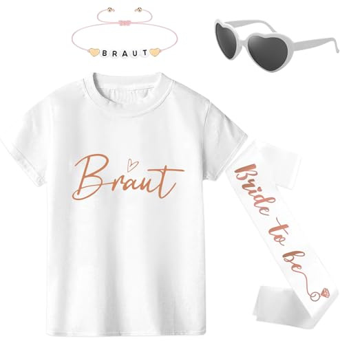 Angenster JGA Tshirt Team Bride Shirt Set, Braut Tshirt Jga Shirt Frauen Junggesellenabschied T-shirt mit Jga Schärpe Armbänder Sonnenbrille, Brautjungfer T-Shirts für Hochzeit Parties (Weiß D, M)