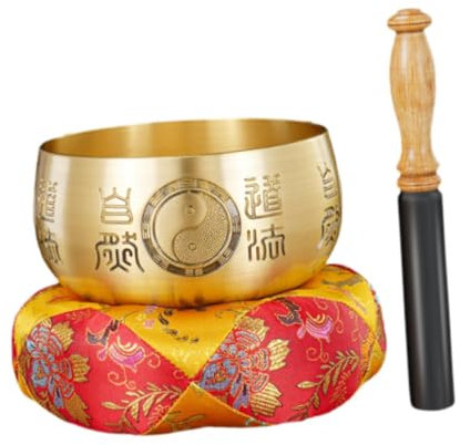 Luwecf Cuenco Tibetano para Meditación con Mazo y Diseño en Bronce, Oro