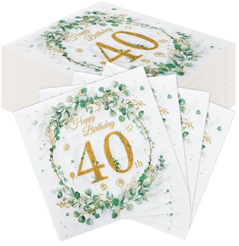 60 Stück Komoke Geburtstagsservietten Happy Birthday in Eukalyptus Grün | Servietten 40. Geburtstag Deko für Mädchen & Jungen | Party Tischdeko für Feiern | Zahlen-Design Servietten (33x33 cm)