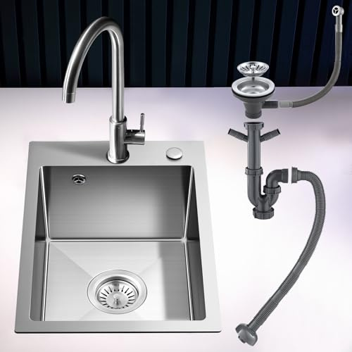 ROVOGO 50x35cm Brushed 304 Stainless Steel Kitchen Sink with Waste Overflow | Compact 1 Bowl Sink Kitchen with Basket Strainer Waste, P‑trap, Drain Hose, Overflow Kit, Small Sink with 2 predrilled Holes