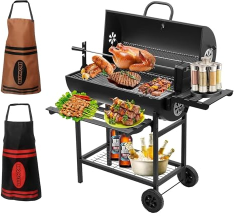 TEENO Holzkohlegrill, mit XXL-Kochrost, Thermometer, Ascheschublade, verstellbarer Boden, großer Holzkohlegrill (mit 2 x Apron und Chicken Grill)