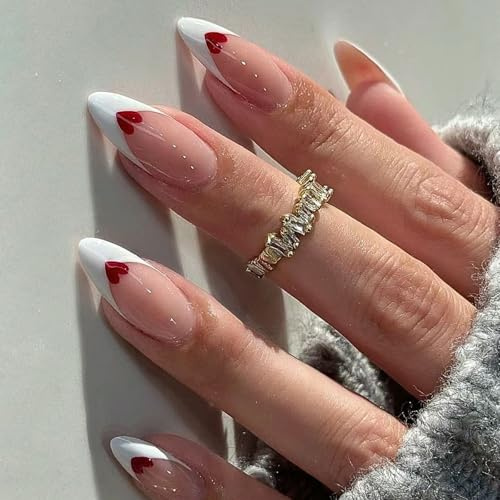 24pcs French Tip False Nails - Red Heart Press on Nails Almond - Acrylic Fake Nails with Glue - Removable Stick on Nails for Women Valentine's day