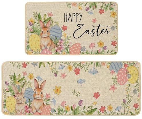 JynxtoyZeal 2pcs Happy Easter Küchenmatten,Bodenmatte,Teppich Easter,Rutschfestes Küchenmatten,Badvorleger rutschfest waschbar,Teppich Eingangsbereich(40 x 60 cm+40×120cm)