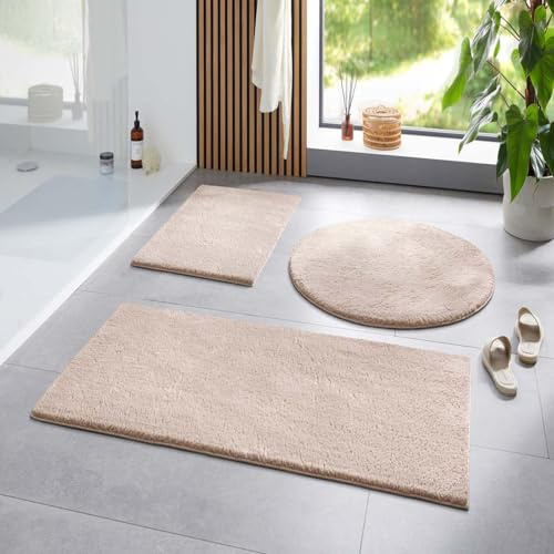 Taracarpet Badematte Fiona rutschfest waschbar Badezimmerteppich sehr weich und als Set kombinierbar Uni New Beige 080x150 cm
