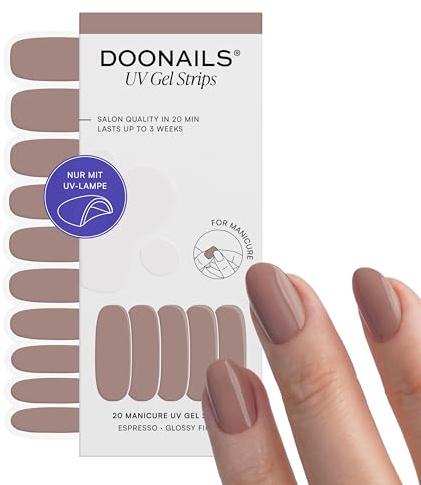 DOONAILS® UV Gel Strips Espresso Warmes Braun – Nagelfolie UV härtend, 20 Strips für 2 Maniküren – Halt bis zu 14 Tage, HEMA-frei & vegan