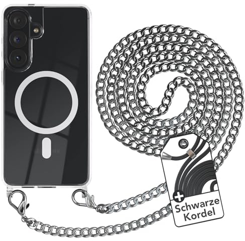 EAZY CASE - Handykette kompatibel mit Galaxy S26 Plus Kette zum Umhängen Stoßfest Handyhülle für Galaxy S26 Plus Silikon Hülle mit Band aus Metall Transparent als Fallschutz in Silber