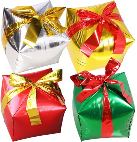 OSALADI 4piezas Globos de Aluminio Forma de Caja de Colores Plata Verde Rojo Decoración Navideña para Fiestas Cumpleaños y Año Color