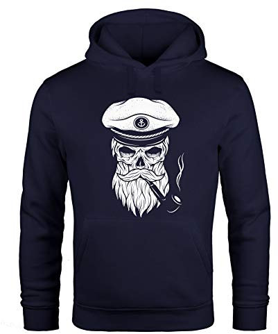 Neverless Hoodie Herren Sweatshirt Totenkopf Kapitän Captain Skull Bard Hipster Original Spirit Seemann Navy M