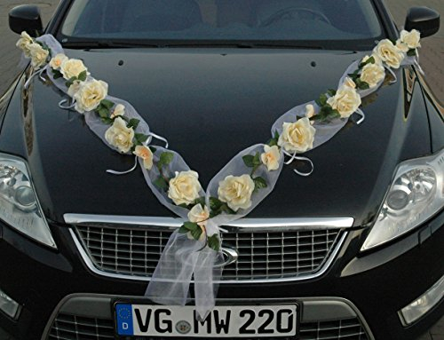 Rosen Girlande Braut Paar Rose Deko Dekoration Autoschmuck Hochzeit Car Auto Wedding ®Auto-schmuck Deko PKW (Rose Orchidee Ecru/Ecru)