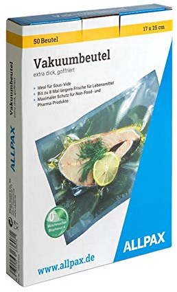 Vakuumierbeutel im Karton, 17 x 25 cm, 50 Stück, extra dick, mit Prägung- goffriert (für kammerlose Vakuumierer) - Lebensmittelecht, ohne Weichmacher - Materialstärke 150 µm