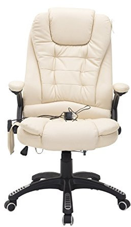 HOMCOM Silla de Oficina Regulable en Altura Reclinable 135° Basculante con Calefacción Masaje con 5 Programas y 6 Puntos Vibratorios Carga 120 kg 62x68x111-121cm Amarillo Crema