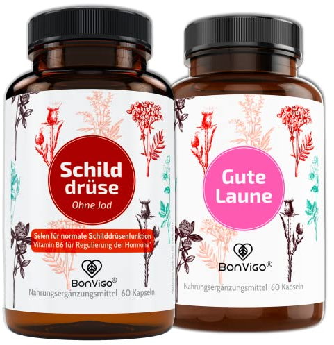 BonVigo Power DU0 je 1 Dose - 1x TYREOVIGO / 1x GUTE LAUNE Ideale Ergänzung - Es tragen bei zu normaler Funktion von Schilddrüse und Immunsystem: Selen; Psyche und Nervensystem: Vitamin B6
