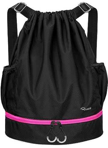 RYACO Drawstring Backpack Sports Gym Bag, Water Resistant String Sackpack Large Size with Zipper and Water Bottle Mesh Pockets for Gym Shopping Sport Yoga School Swimming Beach (Black & Pink)
