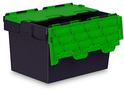 Totebox 10x 64 Litre Storage Box/Attached Lid Container in Black With Green Lid (600 x 400 x 365h mm)