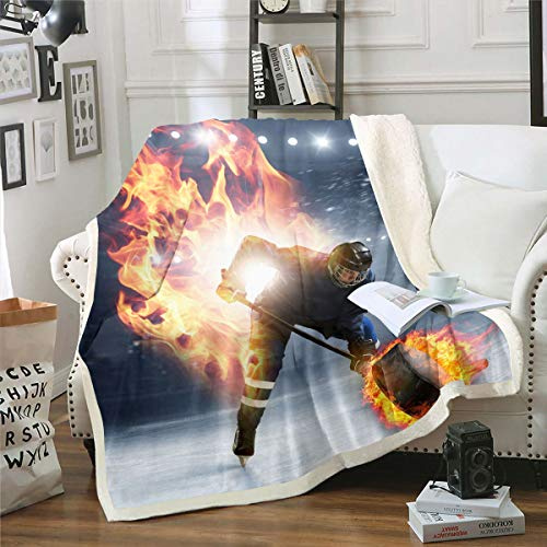 Homewish Ice Hockey Sherpa Blanket, Teens Puck Sport Fans Throw Blanket 150 x 200, Sports Games Theme Plush Duvet for Children Boys Adults Men Gold Flame Flannel Blanket Decorative Sofa Couch