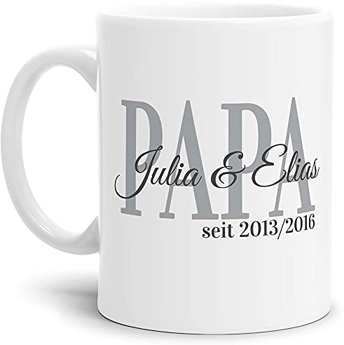 Tasse - Papa seit - zum selbst Gestalten mit Kindernamen und Geburtsjahren - Geschenk für den besten Papa - Keramiktasse, Weiß Matt, 300 ml