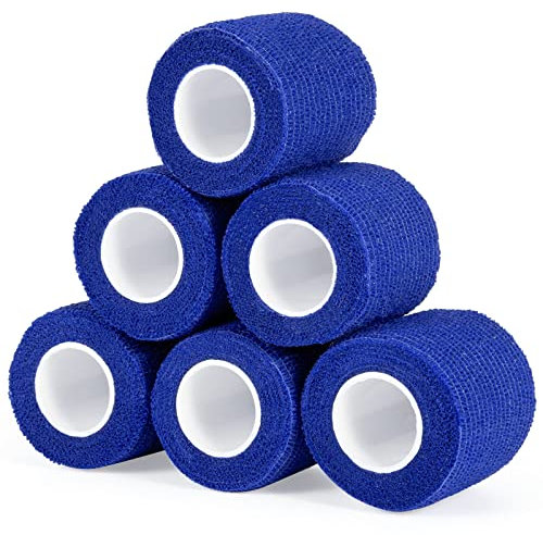 Cohesive Bandage Wrap 2 x 5 Yards, Self Adherent Vet Wrap 5CM x 4.5M Self Adhesive Tape for Wrist & Ankle Sprain Swelling Breathable Elastic Pet Bandage Tattoo Grip Cover Blue (6 Roll)