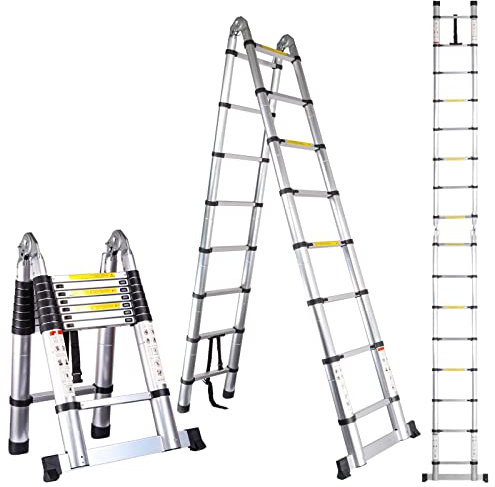 Échelle Télescopique en Aluminium 3,8m(1,9+1,9)m, EXGOO Échelle Télescopique Pliante, Échelle télescopique Extensible, Escabeau Telescopique Échelle Pliable Loft Ladder, Résistance à 150kg