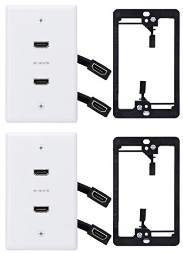 YOEMELY 8K HDMI Wall Plate in White, 2 Port, 2 Pack, HDMI Outlet Wall Plate with HDMI Wall Outlet Cable to Support 8K 60Hz and 4K 120Hz, Low Voltage Bracket for Drywall Mount
